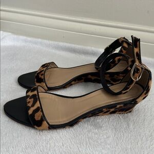 J Crew Womens Animal Print Calf Hair Leather Open‎ Toe Wedge Sandals Mob Wife 9